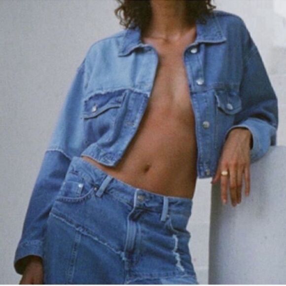 Zara Cropped Patchwork Denim Blue Jacket
(Size Small) - Picture 3 of 8